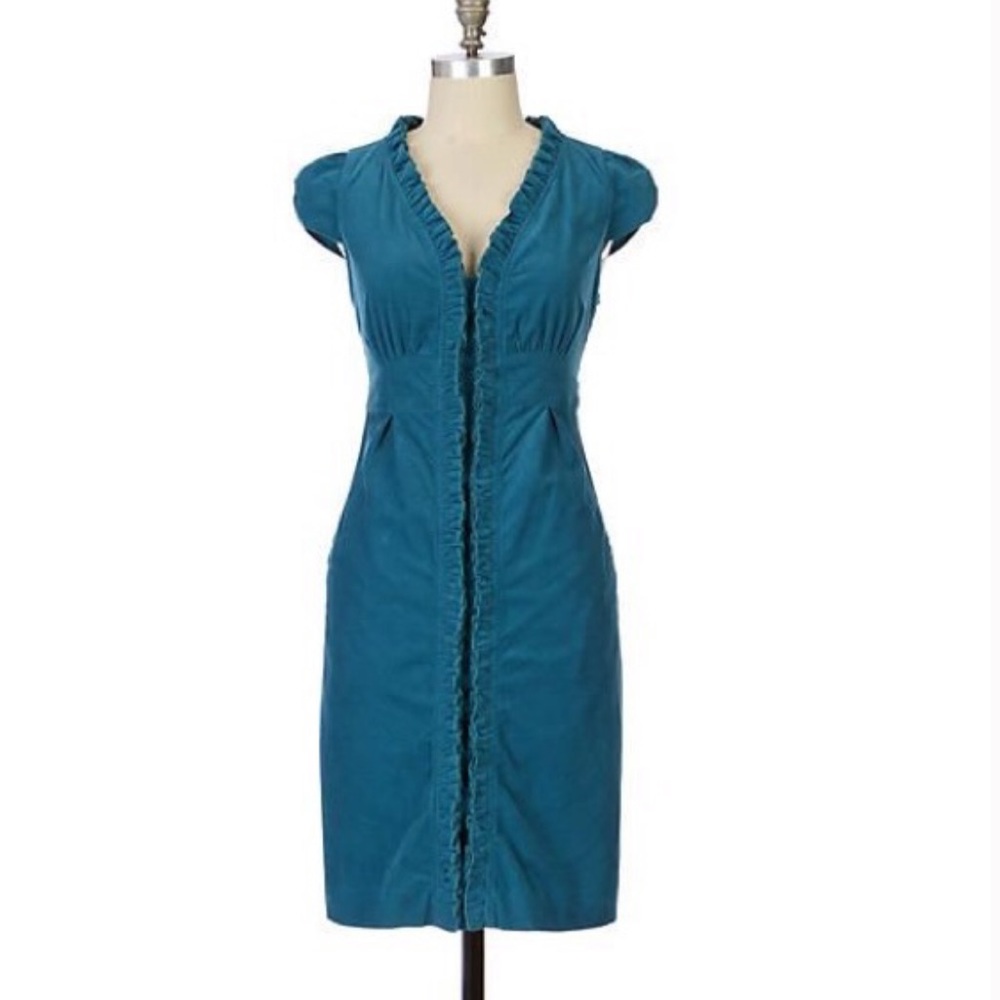 Maeve Anthropologie Teal Corduroy Ruffled Dress